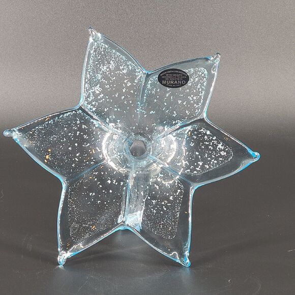 Murano Style Art Glass Six Petal Flower Vase Decor Blue - Picture 3 of 4